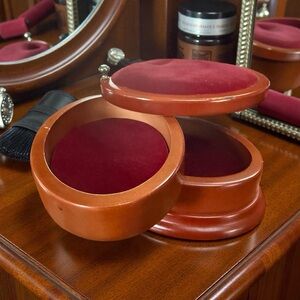 Vintage Wooden Jewelry Box | Burgundy Velvet Lining | Mid-Century Style
